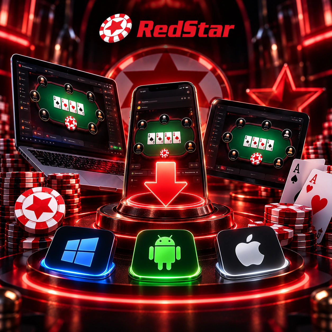 Баннер RedStar для скачивания с покерным клиентом на ноутбуке, смартфоне и планшете, иконками Windows, Android и Apple, а также символом скачивания.