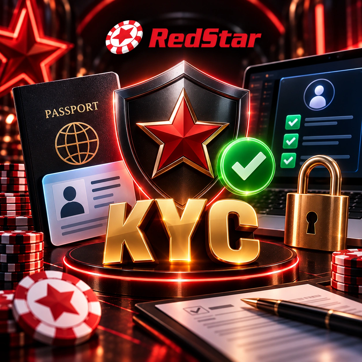 Баннер RedStar KYC Policy с защитным щитом, элементами проверки личности, паспортом, документами и замком.