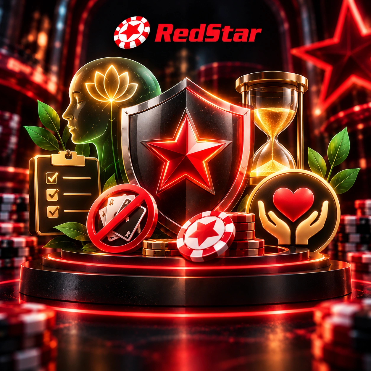 Баннер RedStar об ответственной игре с защитным щитом, символами самоконтроля, ограничений, времени и поддержки.