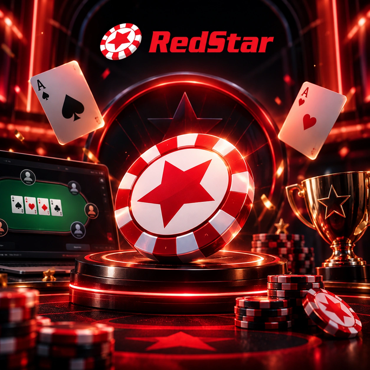 Баннер покерного бренда RedStar с фирменной фишкой со звездой, игральными картами, кубком и атмосферой казино.
