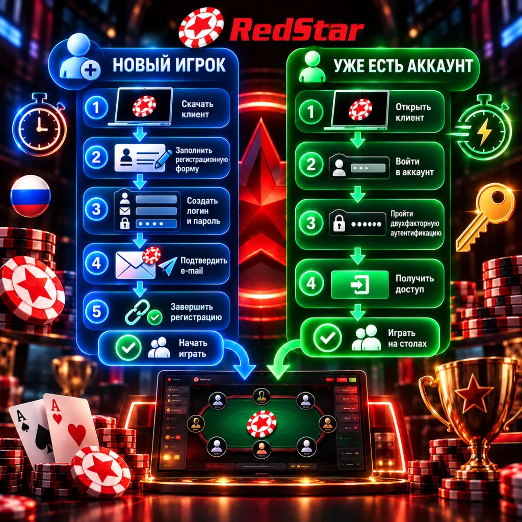 Процесс регистрации и входа в RedStar с пошаговыми действиями для нового и существующего аккаунта и доступом к покерному столу.